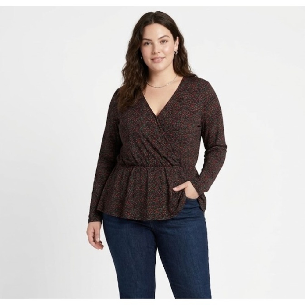 Michael Michael Kors Large Dark Floral Faux Wrap Stretch Knit Peplum Top Preppy